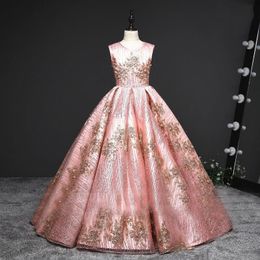 Pink Gold Shiny Flower Girl Dresses New Jewel Neck Ball Gown Lace Appliques Beads Wsweep Kids Girls Pageant Dress Sweep Train Birthday Christmas Prom Gowns 403