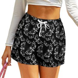 Women's Shorts Gothic Print White Death Head Moth Oversize Street Wear Elastic High Waist Sport Short Pants Women Pattern Bottoms