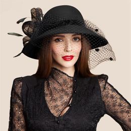 Womens Wool Felt Floral Veil Netting Feather Church Dress Wide Brim Derby Hat Cocktail Party A322232F