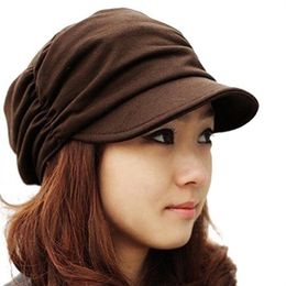 2019 Korean Solid Hat Women Autumn Winter Knited Hat Pleated Newsboy Cap Warm Outdoors Visor Skull Brown Cotton Casual Female209M