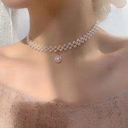 Pendant Necklaces Pearl Woven Neckchain Necklace 2021 Korean Design Sense Clavicle Chain Fashion Personality Summer Women225O