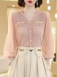 Women's Knits Young Women Elegant Top Sweet Super Fairy Pink Sweater 2023 Autumn Cloth Bead Stitching Design All-Match V Neck Pullovers