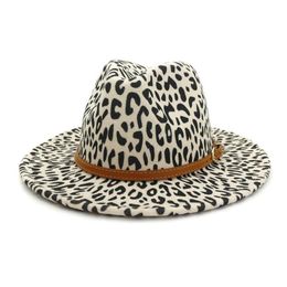 Artificial Wool Felt Fedora Hats with Brown Leather Band Leopord Printting Vintage Fashion Women Men Jazz Cap Panama Hat328S