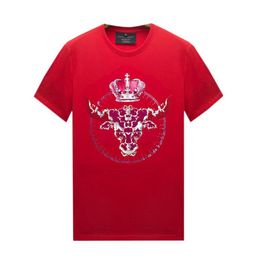 Vintage Crewneck Rhinestone T-Shirts for Men Women with Designs - Red Short Sleeves Casual Tops Mercerized Cotton239B