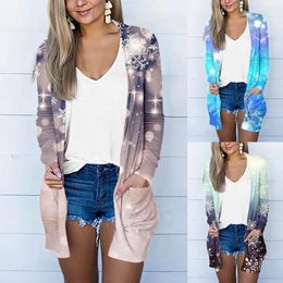 Women's Jackets Women Fashion Casual Christmas Snowflake Print Long Sleeve Cardigan Double Pocket Jacket