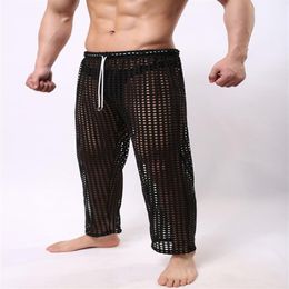 Sexy Mens Pants Sleepwear See Through Big Mesh Lounge Pajama Bottoms Loose Trousers Low Rise Male Sexy Wear207m