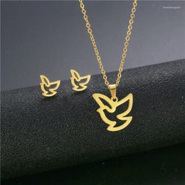 Necklace Earrings Set Simple Mini Hummingbird Earring Pendant Stainless Steel Jewelry For Women Hollow Bird Animal Accessories