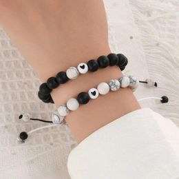 Strand 2Pcs/Set Handmade Black White Stone Heart Beads Bracelets For Men Women Elastic Rope Charm Bracelet Bangle Anklet Couple Jewellery