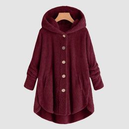 Women's Hoodies Autumn Winter Coat Women Warm Teddy Bear Plus Velvet Hooded Irregular Hem Buttons Jacket Solid Fleece Coats