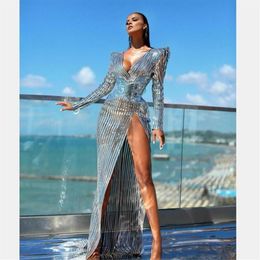 Evening dress Yousef aljasmi Kendal Jenner Women dress Kim kardashian V-Neck High shoulder Split Silver Feather Appliques194Z