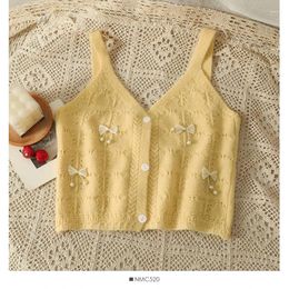 Women's Tanks Hikigawa Chic Fashion Women Early Autumn Camisole Sweet Peral Bow Hollow Out Design Knitted Vest Vintage Casual Tank Tops