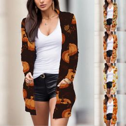 Women's Jackets Women Fall Halloween Cardigan Skeleton Pumpkin Print Coat Casual Mid Turn Down Collar Overshirt Woman Clothing Baggy