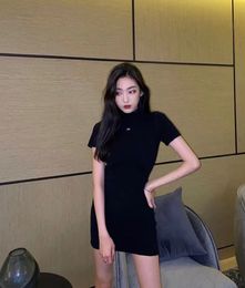 Fashion Letter Printed Half Turtleneck Dresses Short Sleeve Knitted Mini Dress Summer Slim Fit Slimming Black Hip Bodycon Dress