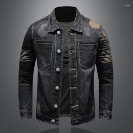 Men's Jackets Spring In Outerwears Vintage Black Embroidery Denim Single Breasted Slim Fit Ripped Jeans Coat Men Jacket M-5XL