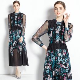 Boutique Women Floral Dress Long Sleeve Lace Printed Dress Spring Autumn Long Dress High-end Trend Lady Printed Dresses Party Runway Dresses