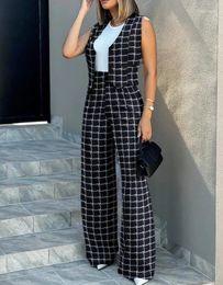 Women's Two Piece Pants Sets For Women 2 Elegant Pieces Plaid Print Buttoned Vest Top & Wide Leg Set Woman Work Office Ladies Trousers Suit