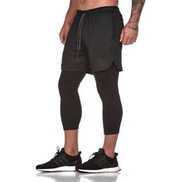 QNPQYX New 2 IN 1 Men's PANTS RUNNING CLOTHING Calf-Length Pants Gyms Fitness Tight Elastic Pants Quick-drying Leggings Men J343J