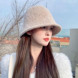 Berets Winter Bucket Hat For Women Thickened Warm Ear Protector Cap Wool Lady Panama Outdoor Hiking Knitted Fisherman