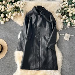 Women's Leather Coat For Women 2023 Autumn Mid-length Loose Windbreaker Jackets Fashion Versatile Slim PU OverCoat Cotton-padded