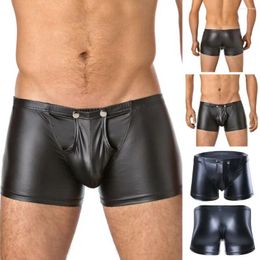 Underpants Solid Color Men Shorts Panties Low-rise Elastic Waistband Buttons Placket U-Convex Pouch Faux Leather Briefs