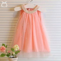 Girl's Dresses Kids Pearl Sleeveless Costume Summer Toddler Girls Solid Color Birthday Party Evening Dress Sweet Mesh Children Clothes 1 to 6 Y 231016