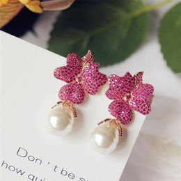 Fashion Rose red Big Flower Full stone Setting Irregular Pearl Drop Earring Party Jewellery Gift Wedding bride Accessories 210624226W