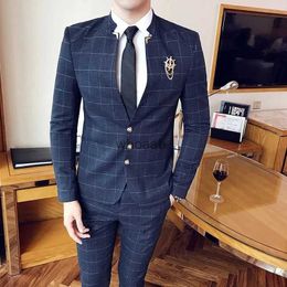 Men's Suits Blazers Men's Suits 2 Pieces Single Breasted Plaid Polyester Chinese Style Mandarin Collar For Men Slim Fit Groom Wedding Suit YQ231016