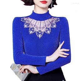 Women's T Shirts M-4XL Korean Fashion Bright Silk Bottoming Shirt Patchwork Embroidered Lace Tops Autumn Women Long Sleeve Mesh