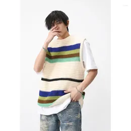 Men's Vests Spring Striped Knitted Sweater Vest Fashion Contrast Color Knit Jumper High Street O-neck Simple Ins Men