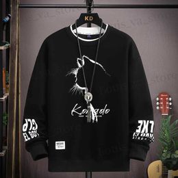 Men's Hoodies Sweatshirts Autumn Men's Sweatshirt Sketch Cat Print Long Sleeve T-shirt Fashion Men's Clothing Black O Neck Harajuku Exclusive Design Top T231016