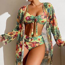 Costumi da bagno da donna Taglie forti Vita alta 3 pezzi Bikini Set Costume da bagno estivo Donna 2023 Cover Up Manica lunga Push