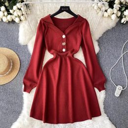 Casual Dresses Women's Knitted Waist Dress Long-sleeved Sense Of Niche Temperament Skirt French Light Luxury Design Autumn And Winter