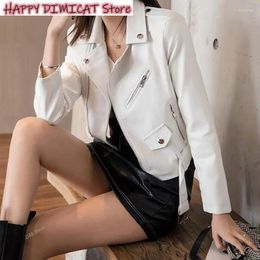 Women's Leather DIMI Female Elegant Cropped Outwear Fashion Korean Casual Slim White Faux Jacket Women With Belt Short Pu