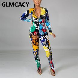 Women Graffit Printed Slim Jumpsuit Zipper Front Hiphop Overalls Women's Jumpsuits & Rompers233S