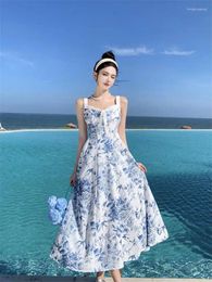 Casual Dresses Vintage Lace-up Dress For Women 2023 Summer Blue Print Slip Elegant Female Clothing Backless Bohemia Long French