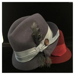 Berets Fashion Women Wool Felt Fedora Jazz Hat With Feather For Elegant Lady Fascinator