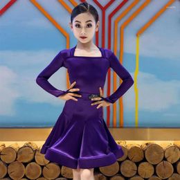 Stage Wear Purple Long Sleeved Velvet Latin Dance Dress Kids Professional Dancing Dresses Child Performance Costume DWY9475
