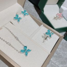 Necklace Earrings Set Versa Light Luxury Niche Accessory Women Gold Plated Flowers Simple Green Paraiba Blue Ring