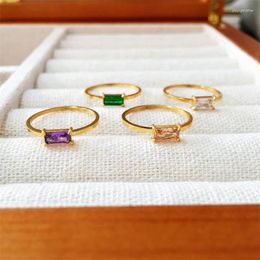 Cluster Rings 2023 Waterproof Thin Ring Band Texture Engraved Small Square 3A Cubic Zirconia Stone White Green Purple Gemstone