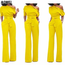 Women Jumpsuit One Shoulder With Sashes Pockets Officewear Romper Combinaison Fashion Female Jumpsuits For Elegant Lady Clothing Y235Y