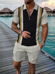 Men's Tracksuits Summer 3D Print Polo Shirt And Short Set Fashion Style Sleeve Zip-Up Simple Atmosphere Male Shorts Casual Suit
