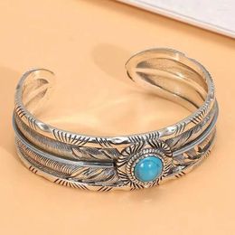 Bangle Silver Plated Turquoise Feather Open Bracelet Men's Domineering Cuff Bangeles Women's Fashion Casual Party Jewelry Gift