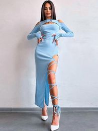 Casual Dresses Elegant Women's O-neck Off Shoulder Long Sleeve Bandage Party Dress 2023 Fall Hollow Out Bodycon High Slit Evening Blue