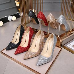 Dress Shoes Shiny Crystal Heel 11 Cm Party Sequin Pumps Women Spring And Autumn Slip-on Office Plus Size 35-46 Pointed High Heels