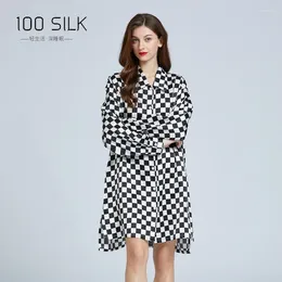 Women's Sleepwear Birdsky Women Shirt Dress Loose Pajamas Nightwear Long Sleeve 19MM Mulberry Silk Checker Board Plaid S-521