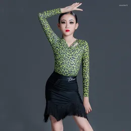 Stage Wear Children'S Latin Dance Dresses For Girls Green Leopard Top Fringed Skirts Ballroom Competition Costumes SL7327