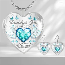 Necklace Earrings Set Sapphire And Wing Patterns Heart Shaped Glass Pendant Graduation Party Birthday Gift Girl Jewelry