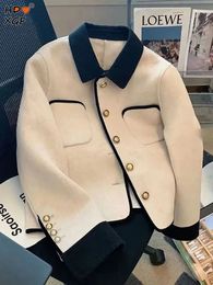 Women s Jackets Temperament Patchwork Woole Short Coats For Women Korean Fashion Lapel Single Breasted Long Sleeve Top Elegant All match Jacket 231016