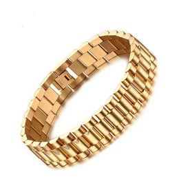 15mm Luxury Men Watch Band Bracelet Gold Plated Stainless Steel Strap Links Cuff Bangles Jewellery Gift 22CM308R