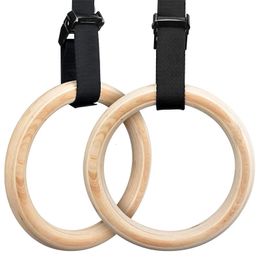 Gymnastic Rings 2pc Fitness Wooden Gymnastic Rings 1.1" inch Gym Ring with Adjustable Straps Buckles Straps Workout Crossfit Strength Training 231016